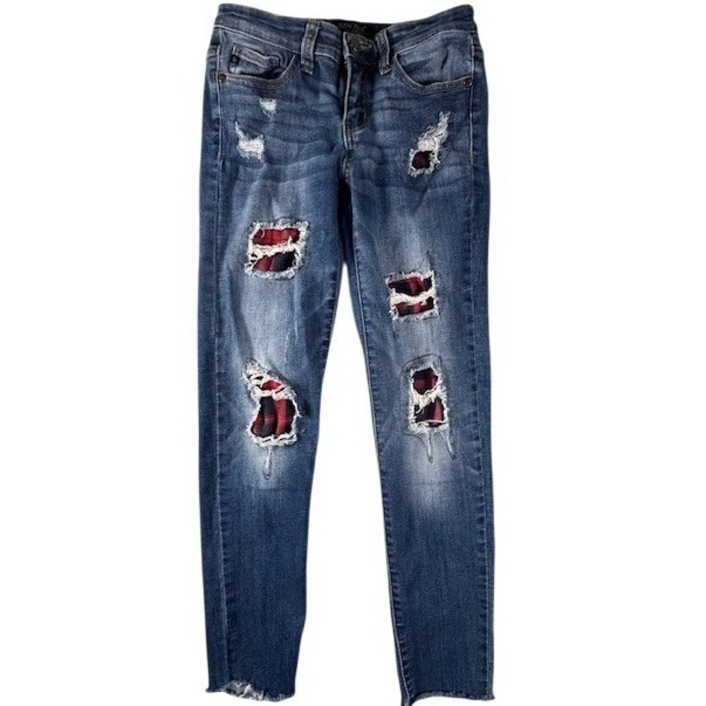 Judy Blue Jeans Womens 3/26 Straight Fit Distressed Plaid Patch Denim Blue